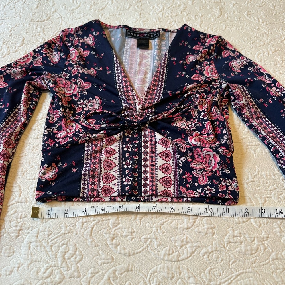 Polly & Esther Navy and Pink Floral Bell Sleeve Blouse - Picture 12 of 15